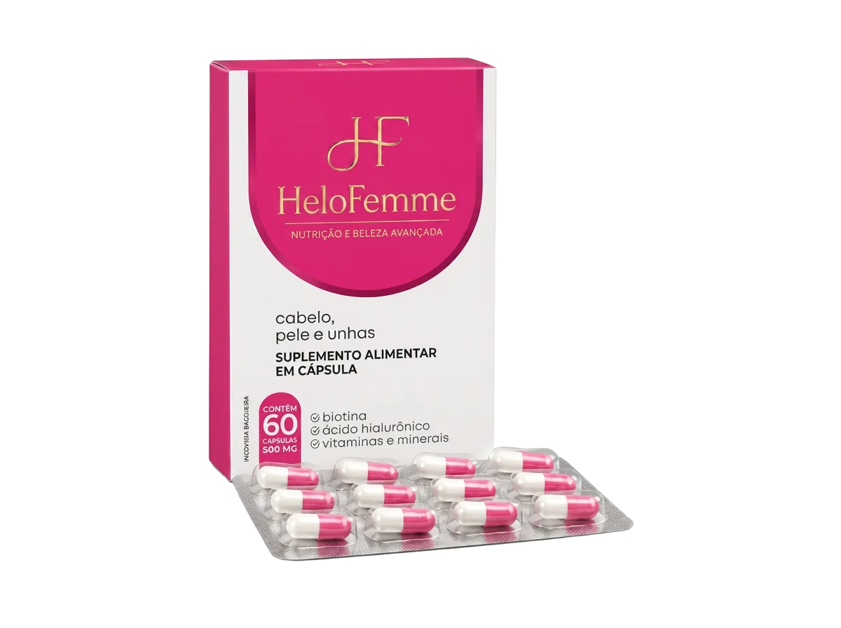 Embalagem do suplemento alimentar HeloFemme com cápsulas rosa e branco
